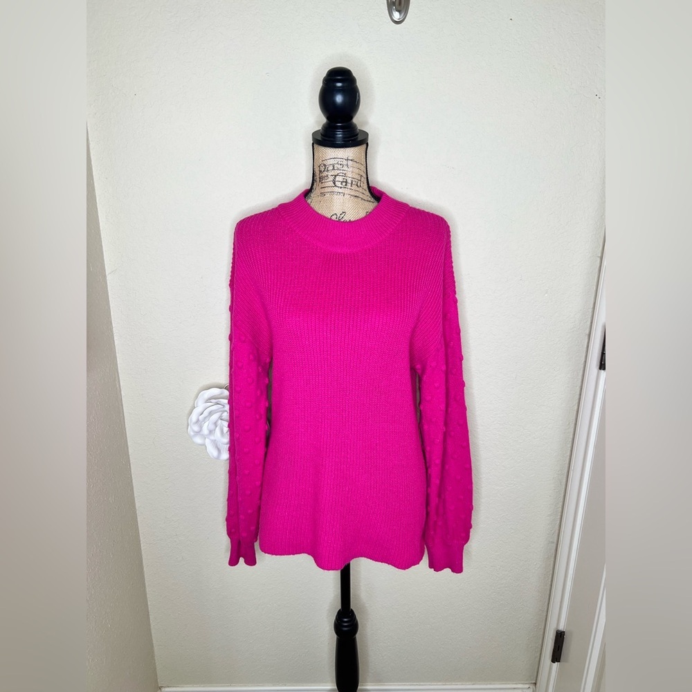 NTM Vince Camuto Aurora Pink Bobble Knit Sweater Mock Neck Textured Sleeve Large